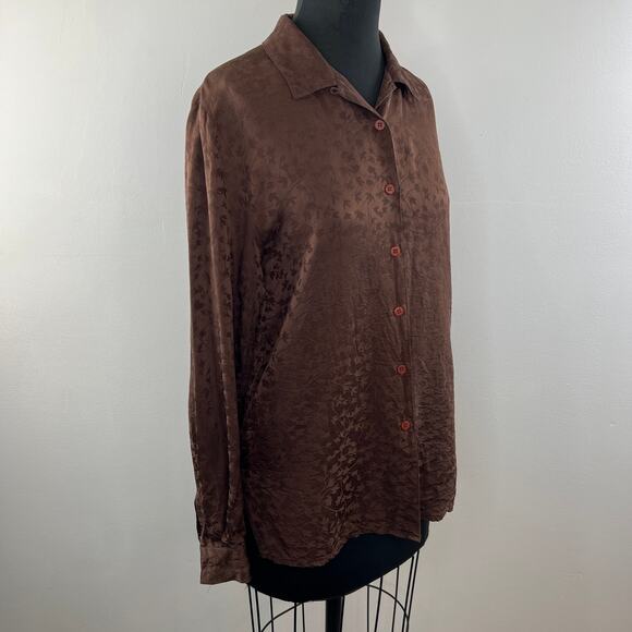 Vintage EILEEN FISHER Brown Silk Textured Floral Button-Down Long Sleeve Top S - Picture 2 of 6